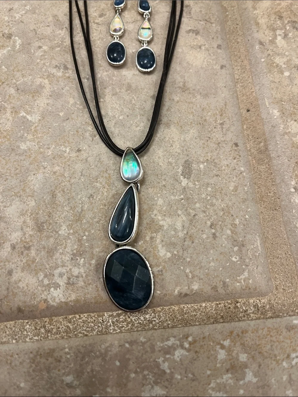 Silver Black and Blue Triple Drop Pendant Necklace and Earrings